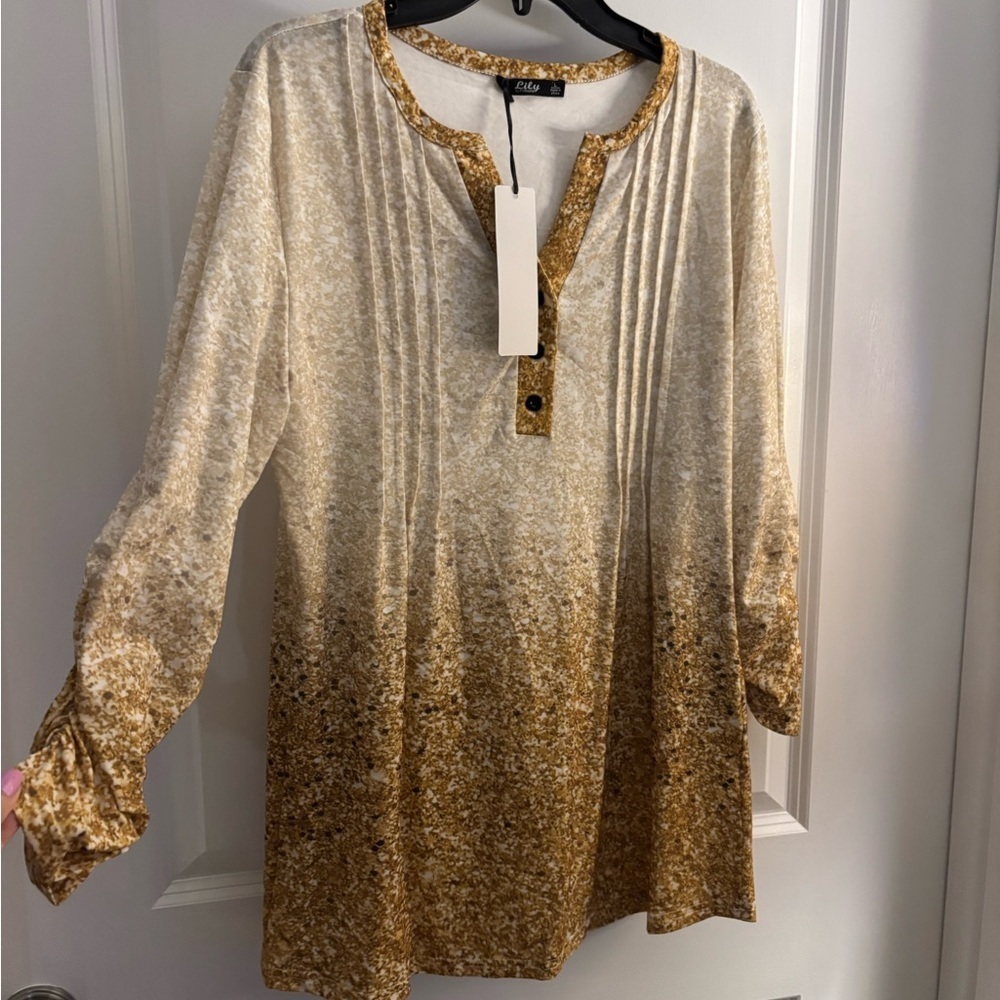 Stylish Lily by Firmiana Beige and Gold Women's Tunic Top sz L